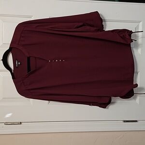 Roz & Ali Rouge Maroon Blouse with Ruched Sides & Button up Accent Sleeves